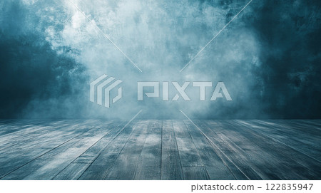 Blue background with a wooden floor and a cloud of smoke. Scene is mysterious and eerie Blue background with a wooden floor and a cloud of smoke. Scene is mysterious and eerie 122835947