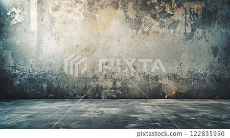 Large, empty room with a wall that is covered in graffiti. The room is bare and has a sense of emptiness Large, empty room with a wall that is covered in graffiti. The room is bare and has a sense of emptiness 122835950