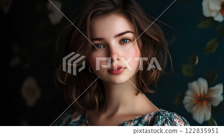 Woman with brown hair and blue eyes is standing in front of a floral wall. She is wearing a floral dress and has a pinkish tint to her cheeks Woman with brown hair and blue eyes is standing in front of a floral wall. She is wearing a floral dress and has a pinkish tint to her cheeks 122835951