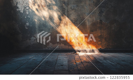 Room with a wall and a window. The sun is shining through the window and casting a shadow on the wall 122835955