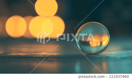 Clear ball is sitting on a dark surface. The ball is surrounded by a blurry background, which creates a sense of depth and mystery Clear ball is sitting on a dark surface. The ball is surrounded by a blurry background, which creates a sense of depth and mystery 122835960
