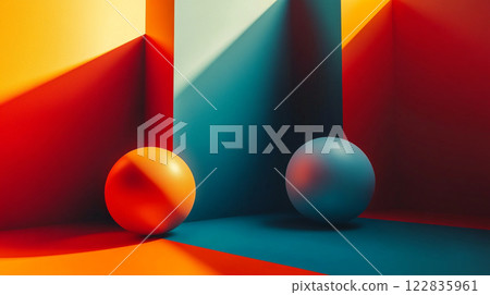 Two round balls are placed in front of a blue wall. The balls are of different colors, one is red and the other is blue. The scene has a playful and colorful mood 122835961