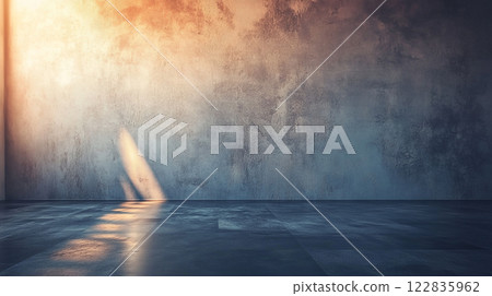 Large empty room with a wall that is covered in a textured, grayish-brown paint Large empty room with a wall that is covered in a textured, grayish-brown paint 122835962