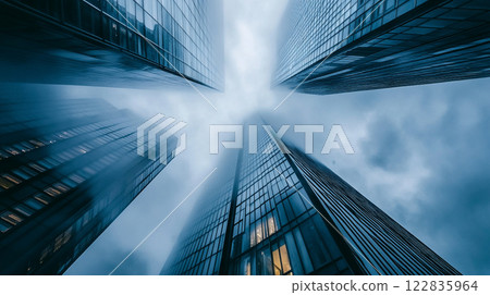 City skyline with four tall buildings and a cloudy sky. The buildings are all made of glass and are very tall City skyline with four tall buildings and a cloudy sky. The buildings are all made of glass and are very tall 122835964