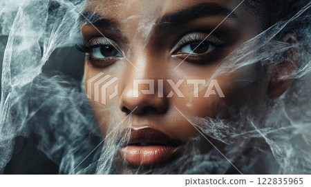 Woman's face is obscured by a sheet of plastic. The image is a close up of the woman's face, with her eyes looking up at the camera. The plastic sheet creates a sense of mystery and intrigue Woman's face is obscured by a sheet of plastic. The image is a close up of the woman's face, with her eyes looking up at the camera. The plastic sheet creates a sense of mystery and intrigue 122835965