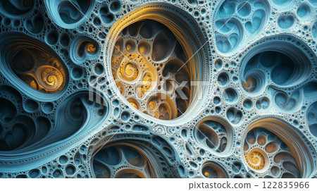 Blue and yellow abstract painting with many small circles. The circles are of different sizes and colors, and they seem to be overlapping each other. The painting has a sense of movement and depth Blue and yellow abstract painting with many small circles. The circles are of different sizes and colors, and they seem to be overlapping each other. The painting has a sense of movement and depth 122835966