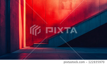 Red and blue staircase is shown in a dark room. The staircase is empty and the room is dimly lit. Scene is somber and quiet Red and blue staircase is shown in a dark room. The staircase is empty and the room is dimly lit. Scene is somber and quiet 122835970