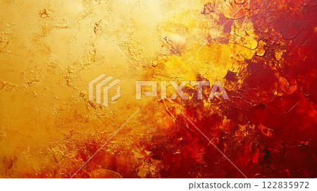 Painting with a yellow background and red paint. The painting has a bold and energetic feel to it 122835972