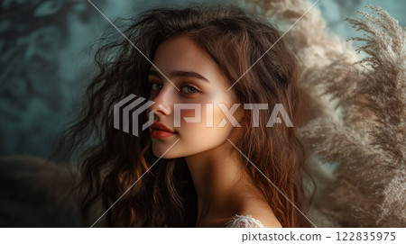 Woman with long brown hair and a red lipstick. She is looking at the camera. The image has a warm and inviting mood 122835975