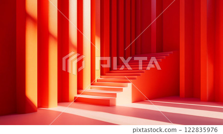 Red room with a staircase and a wall of red pillars. The room is lit by a window, creating a warm and inviting atmosphere Red room with a staircase and a wall of red pillars. The room is lit by a window, creating a warm and inviting atmosphere 122835976