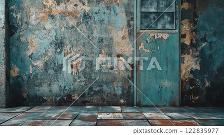 Room with a blue door and a wall with a lot of cracks and peeling paint. The room is empty and has a very old and worn appearance 122835977