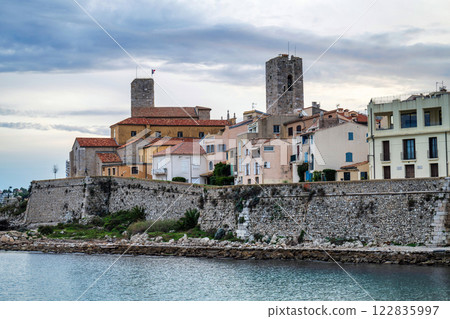 Antibes castle and central square, wall and tower by the sea 122835997