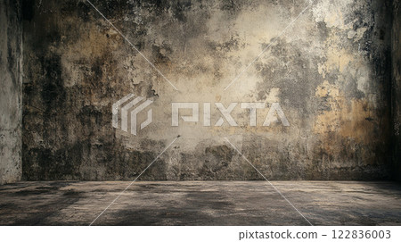 Large, empty room with a wall that is covered in dirt and grime. The room is bare and uninviting, with no furniture or decorations 122836003