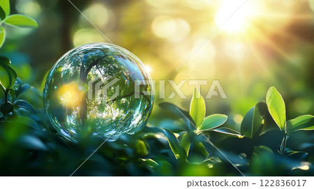 Clear sphere is sitting on a green leafy bush. The sphere is reflecting the sunlight and the surrounding greenery. Concept of tranquility and harmony with nature 122836017