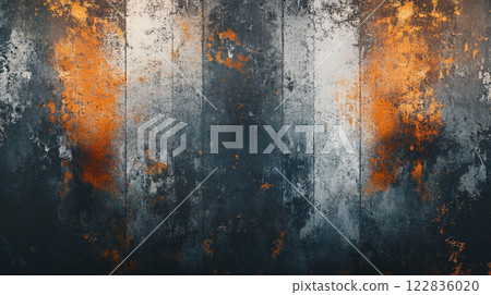 Wall with a graffiti of orange and blue stripes. The wall is covered in graffiti and has a very rough texture 122836020