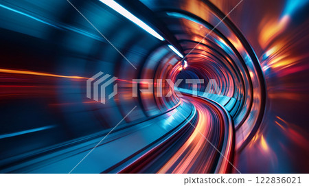 Tunnel with a bright blue light shining down on it. The tunnel is long and winding, and the light is creating a sense of movement and energy 122836021