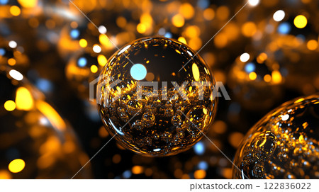 Close up of a bunch of shiny, round, gold colored orbs. The orbs are all different sizes and are scattered throughout the image. The orbs are all reflecting light, creating a shimmering effect 122836022