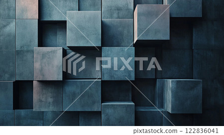 Wall made of gray blocks with a blue background. The blocks are arranged in a way that creates a sense of depth and texture 122836041