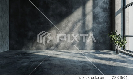 Large empty room with a plant in a pot. The room is bare and has no furniture 122836043