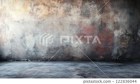 Wall with a red splatter on it. The wall is empty and has a lot of texture 122836044