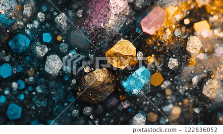 Colorful and chaotic scene of various colored rocks and stones. The image is abstract and has a sense of movement and energy 122836052