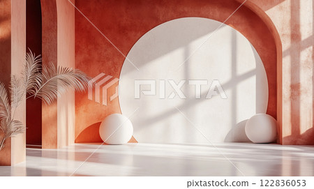 White room with a red wall and a white circle in the middle. The room is empty and has a minimalist feel 122836053