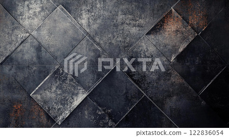 Black and white photo of a wall with a pattern of squares. The squares are of different sizes and are arranged in a way that creates a sense of depth and texture. The photo has a moody 122836054