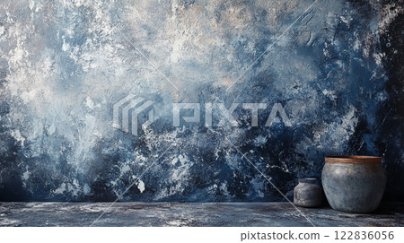 Blue wall with a few vases on it. The vases are brown and are placed on a table. The wall has a blue and white color scheme 122836056
