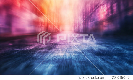 Blurry image of a road with a rainbow in the background. The colors are bright and vibrant, creating a sense of wonder and excitement. The road seems to stretch on forever 122836062