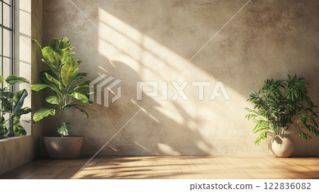 Room with a large window and two potted plants. The room is empty and has a minimalist feel 122836082