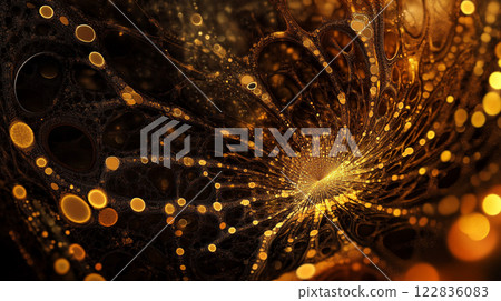 Gold and black abstract image with many small circles. The circles are of different sizes and are scattered throughout the image. The image has a dreamy, surreal quality to it Gold and black abstract image with many small circles. The circles are of different sizes and are scattered throughout the image. The image has a dreamy, surreal quality to it 122836083