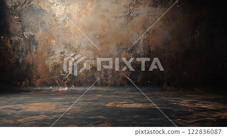 Large, empty room with a wall that is covered in rust and dirt. The room is bare and empty, with no furniture or decorations. The wall is covered in a thick layer of paint, giving it a worn Large, empty room with a wall that is covered in rust and dirt. The room is bare and empty, with no furniture or decorations. The wall is covered in a thick layer of paint, giving it a worn 122836087