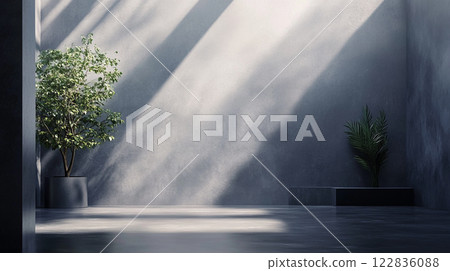 Room with a plant and a potted plant. The room is empty and has a very clean and simple design 122836088