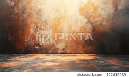 Large, empty room with a wall that is covered in paint and has a lot of texture 122836089