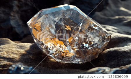 Large crystal is sitting on a sandy surface. The crystal is clear and has a shiny surface 122836099