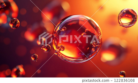 Close up of a red liquid with many small bubbles. The bubbles are floating in the air and the liquid is a deep red color. The image has a dreamy, ethereal quality to it 122836108