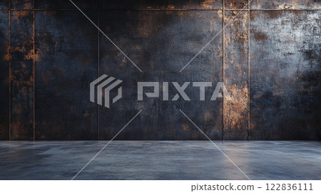 Large, empty room with a wall of metal and a line of gold. The room is bare and empty, with no furniture or decorations. The metal wall and gold line give the room a modern, industrial feel 122836111