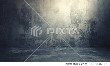 Large, empty room with a wall that is covered in graffiti. The room is bare and has a sense of emptiness Large, empty room with a wall that is covered in graffiti. The room is bare and has a sense of emptiness 122836115