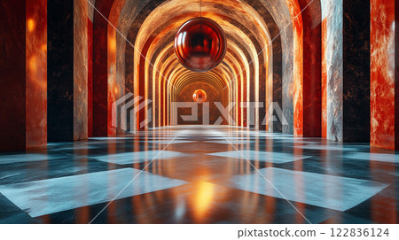 Long hallway with a red and black checkered floor. A large red ball is hanging from the ceiling 122836124