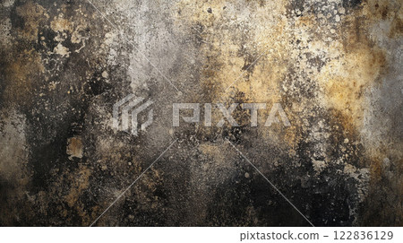 Wall with a lot of paint splatters and a few spots of gold. The wall appears to be old and worn, with a sense of decay and abandonment Wall with a lot of paint splatters and a few spots of gold. The wall appears to be old and worn, with a sense of decay and abandonment 122836129