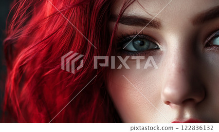 Woman with red hair and blue eyes. Her hair is long and red. Her eyes are a striking shade of blue Woman with red hair and blue eyes. Her hair is long and red. Her eyes are a striking shade of blue 122836132