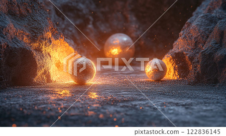 Three glowing spheres are floating in a rocky, dark landscape. The spheres are surrounded by a pool of water, and the rocks are illuminated by the light of the spheres. The scene is mysterious 122836145