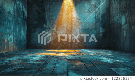 Room with a light shining on the floor. The room is empty and has a blue color Room with a light shining on the floor. The room is empty and has a blue color 122836154