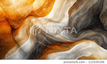 Painting of a mountain range with a river flowing through it. The colors are warm and earthy, giving the painting a sense of tranquility and natural beauty 122836166