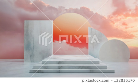 White and red archway with a cloud in the background. The archway is surrounded by white pillars and steps White and red archway with a cloud in the background. The archway is surrounded by white pillars and steps 122836170