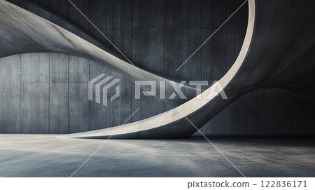 Large, curved staircase is the main focus of this image. The staircase is made of concrete and he is very tall. The staircase is surrounded by a large, empty room with a lot of space Large, curved staircase is the main focus of this image. The staircase is made of concrete and he is very tall. The staircase is surrounded by a large, empty room with a lot of space 122836171