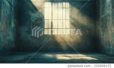 Window in a room with sunlight shining through it. The room is empty and has a very dark and gloomy atmosphere Window in a room with sunlight shining through it. The room is empty and has a very dark and gloomy atmosphere 122836172