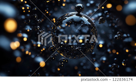 Black and yellow image of a sphere with many small spheres surrounding it. The sphere is surrounded by a dark background with a few bright spots. The image has a dreamy, surreal feel to it Black and yellow image of a sphere with many small spheres surrounding it. The sphere is surrounded by a dark background with a few bright spots. The image has a dreamy, surreal feel to it 122836174