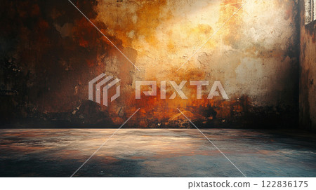 Large, empty room with a wall that is covered in graffiti and has a lot of rust Large, empty room with a wall that is covered in graffiti and has a lot of rust 122836175