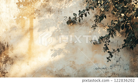 Wall with a tree branch growing out of it. The branch is casting a shadow on the wall 122836202